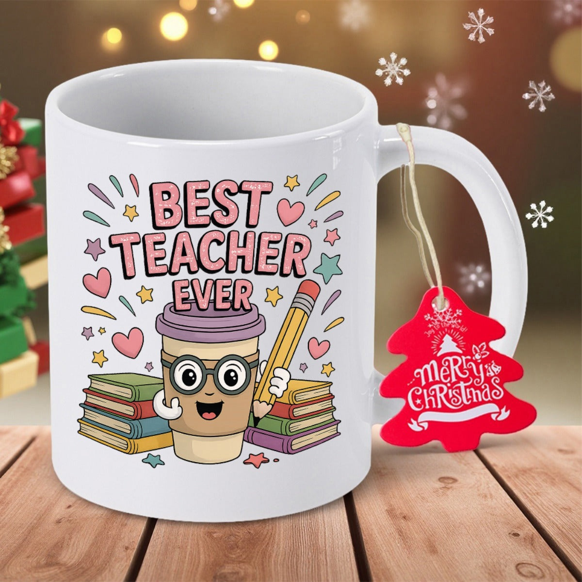 Tailorly White Ceramic 11 oz Mug - Best Teacher Ever Cute Cartoon Coffee Character Holding Pencil Standing Beside Stacked School Books Coffee Cup