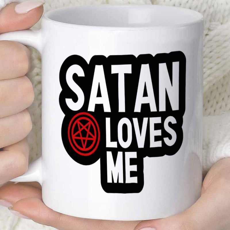 Tailorly White Ceramic 11 oz Mug - Satan Loves Me Bold Red Occult Symbol Set Against A Deep Black Artistic Shadow Pentagram