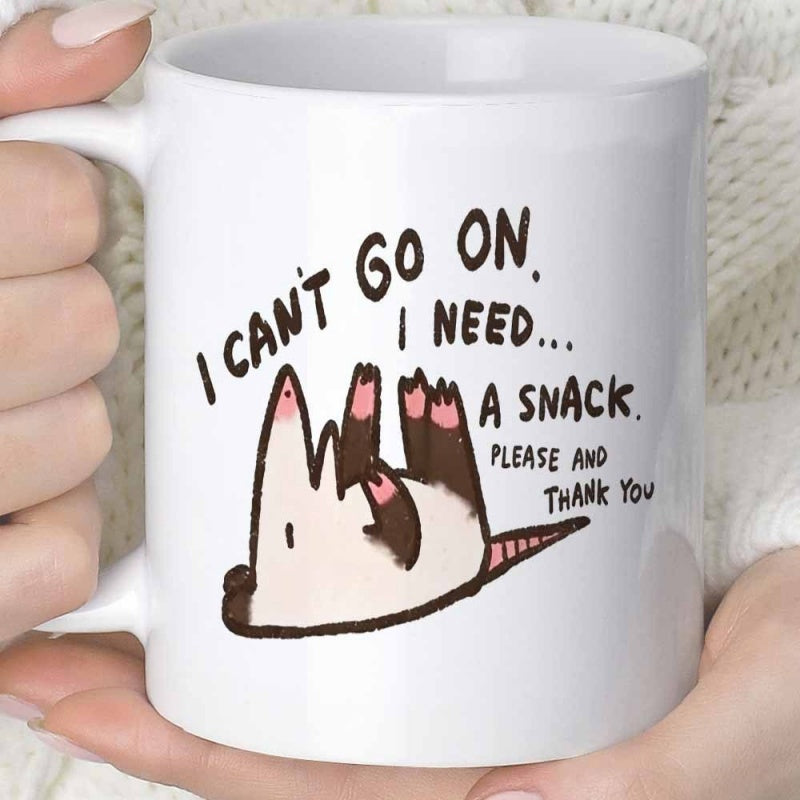 Tailorly White Ceramic 11 oz Mug - I Cant Go On I Need A Snack Please And Thank You Adorable Cartoon Animal Lying On Its Back Tired Opossum