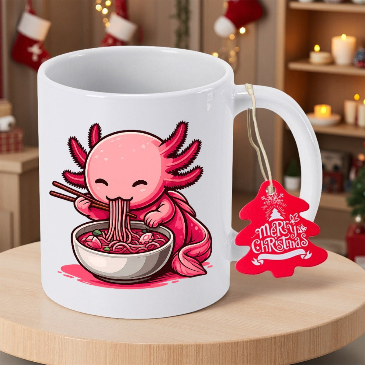Tailorly White Ceramic 11 oz Mug - Merry Christmas Adorable Pink Cartoon Character Eating Hot Ramen Noodles From Bowl Axolotl