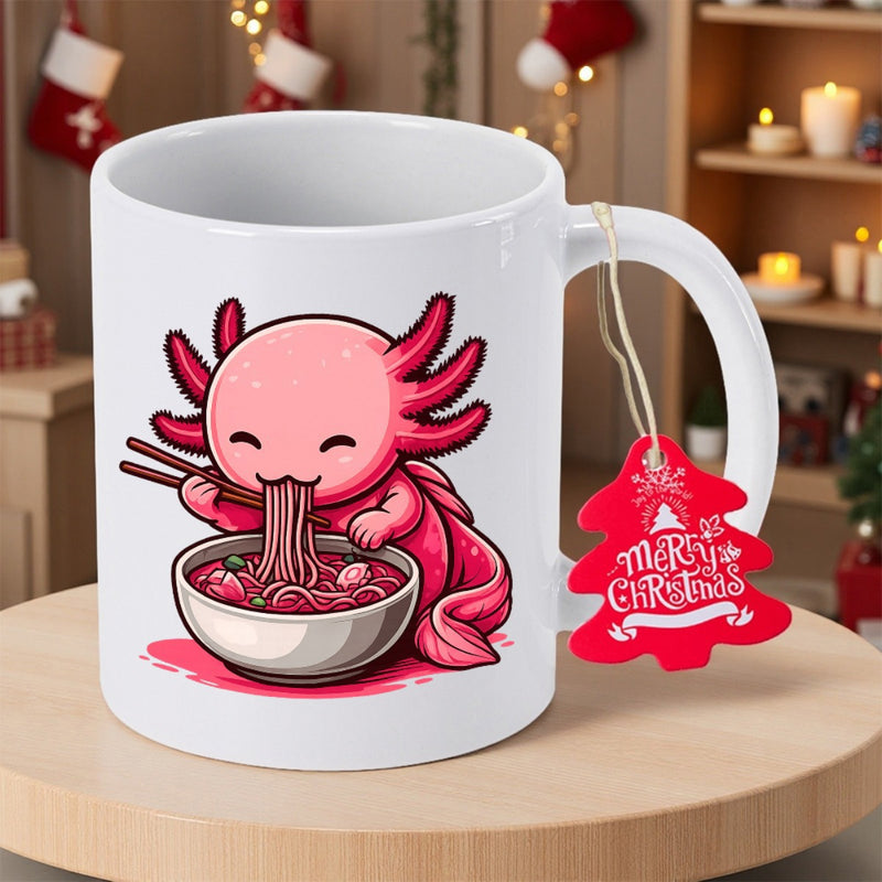 Tailorly White Ceramic 11 oz Mug - Merry Christmas Adorable Pink Cartoon Character Eating Hot Ramen Noodles From Bowl Axolotl