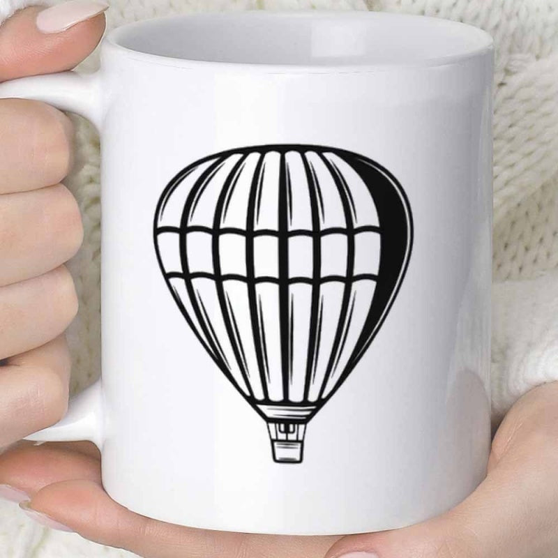 Tailorly White Ceramic 11 oz Mug - Minimalist Black Line Art Style Floating High In The Air Balloon