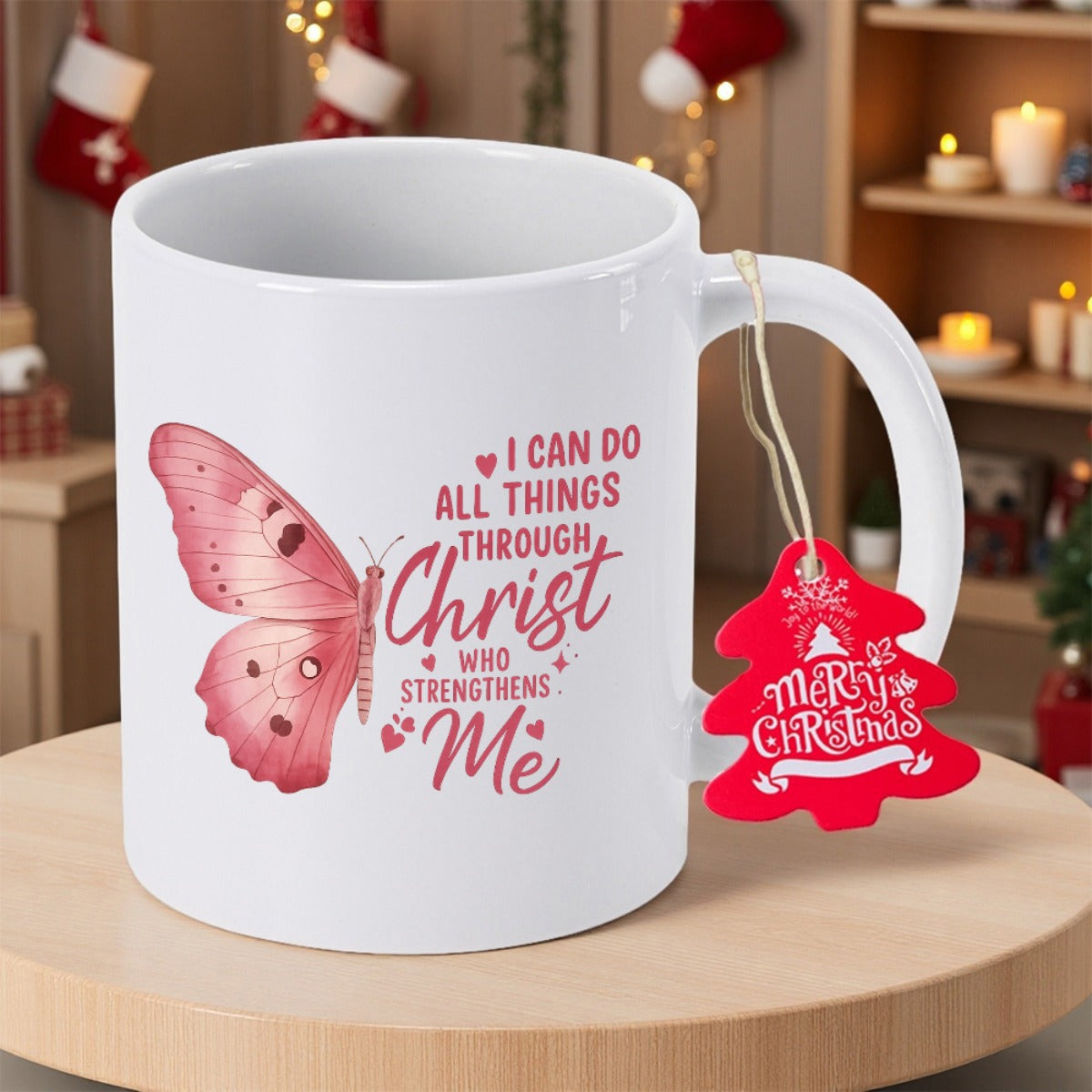 Tailorly White Ceramic 11 oz Mug - I Can Do All Things Through Christ Who Strengthens Me Delicate Pink Wings Fluttering Gracefully Amidst Inspiring Scriptural