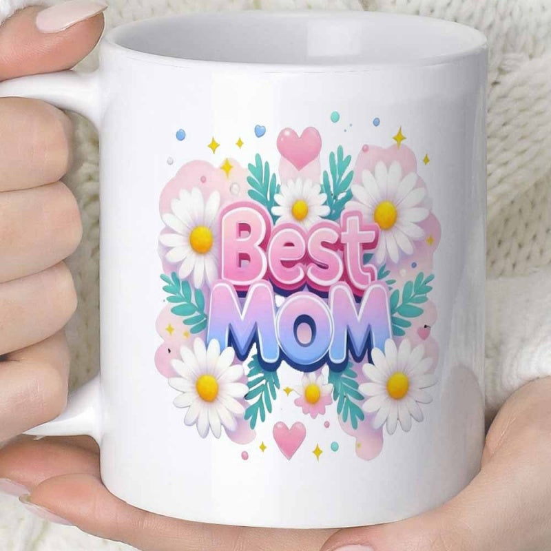 Tailorly White Ceramic 11 oz Mug - Best Mom Vibrant Blooming Daisies With Pink Hearts And Soft Pastel Watercolor Accents Mug