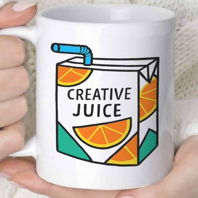 Tailorly White Ceramic 11 oz Mug - Creative Juice Artistic Cartoon Style With Blue Straw And Vibrant Orange Slices Juice Box
