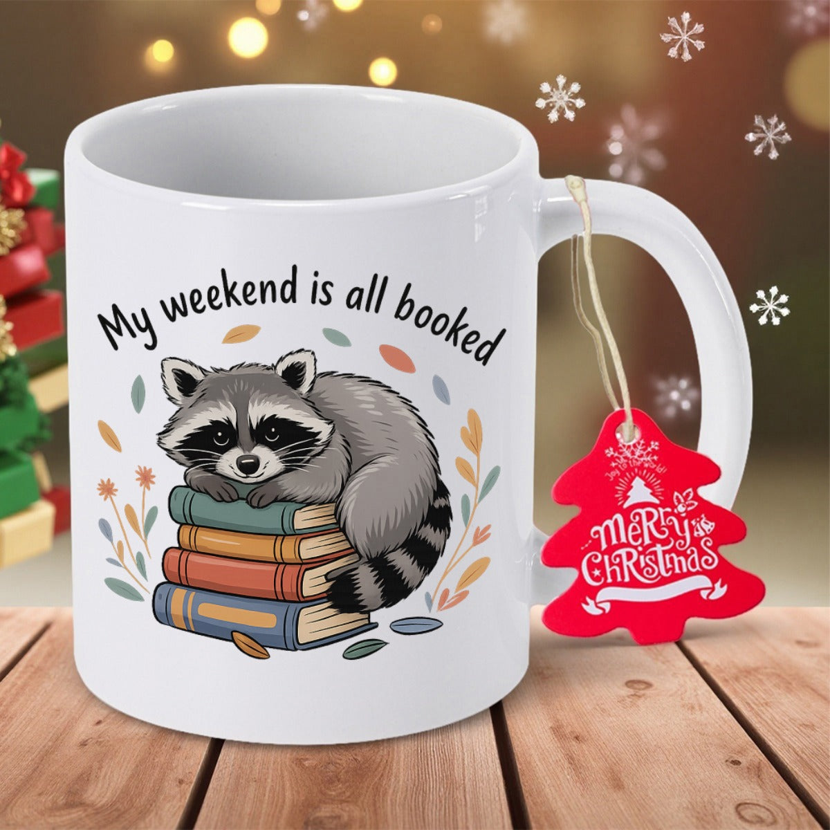Tailorly White Ceramic 11 oz Mug - My Weekend Is All Booked Cute Furry Raccoon Resting Peacefully On A Stack Of Colorful Books Raccoon