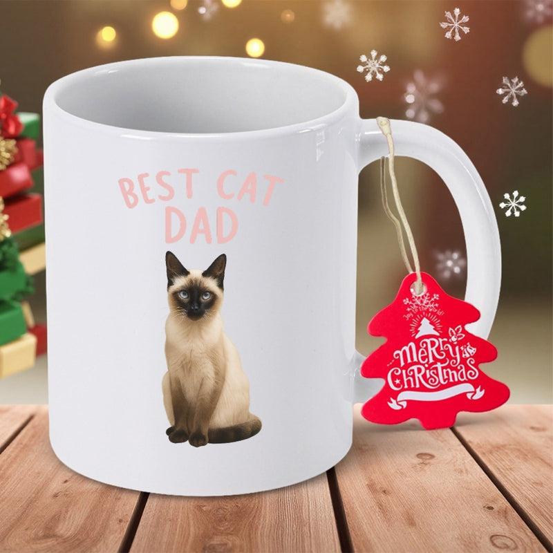 Tailorly White Ceramic 11 oz Mug - Best Cat Dad Elegant Siamese Feline Sitting Gracefully Featuring Realistic Textures And Piercing Gaze Cat