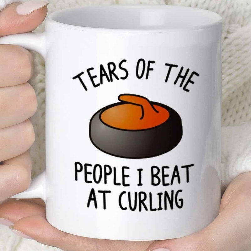 Tailorly White Ceramic 11 oz Mug - Tears Of The People I Beat At Curling Minimalist Cartoon Sporting Equipment With Polished Surface And Iconic Handle Curling