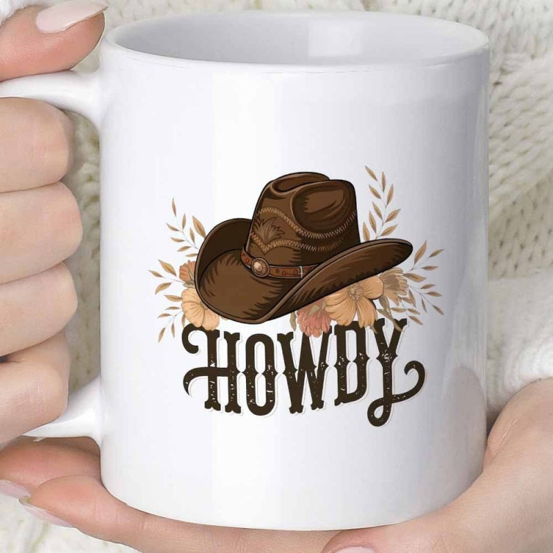 Tailorly White Ceramic 11 oz Mug - Howdy Vintage Brown Leather Decorated With Rustic Autumn Dried Floral Elements Cowboy Hat