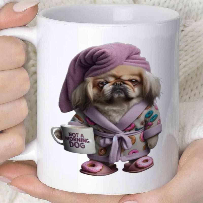 Tailorly White Ceramic 11 oz Mug - Not A Morning Dog Grumpy Pekingese Wearing Purple Robe And Towel Holding Small Mug Dog