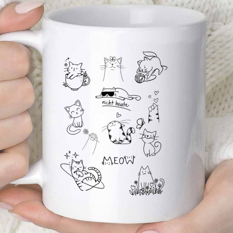 Tailorly White Ceramic 11 oz Mug - Meow Minimalist Black Line Drawings Depicting Various Playful Feline Behaviors Cats
