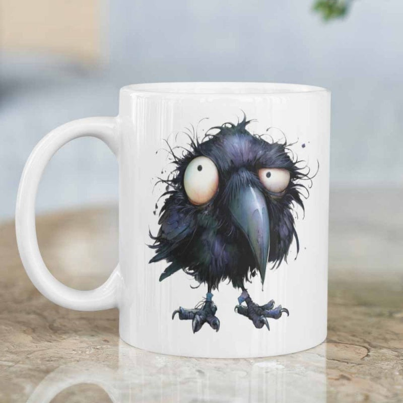 Tailorly White Ceramic 11 oz Mug - Messy Spiky Feathers With Funny Wide Eyes And Grumpy Expressions Crow