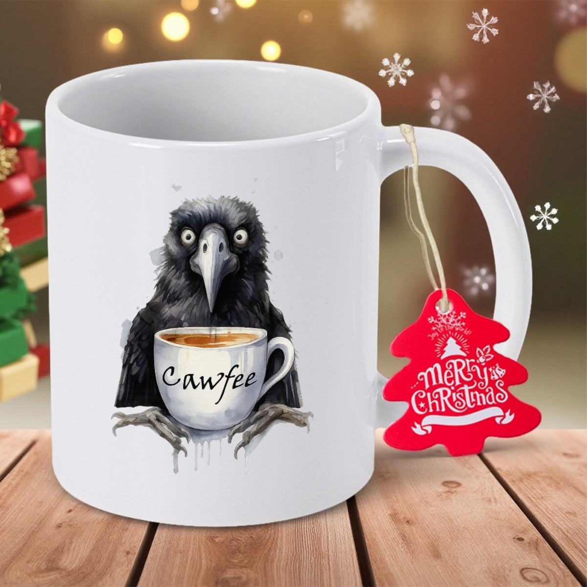 Tailorly White Ceramic 11 oz Mug - Cawfee Merry Christmas Black Crow Holding Small White Coffee Cup With Grumpy Expressions Crow