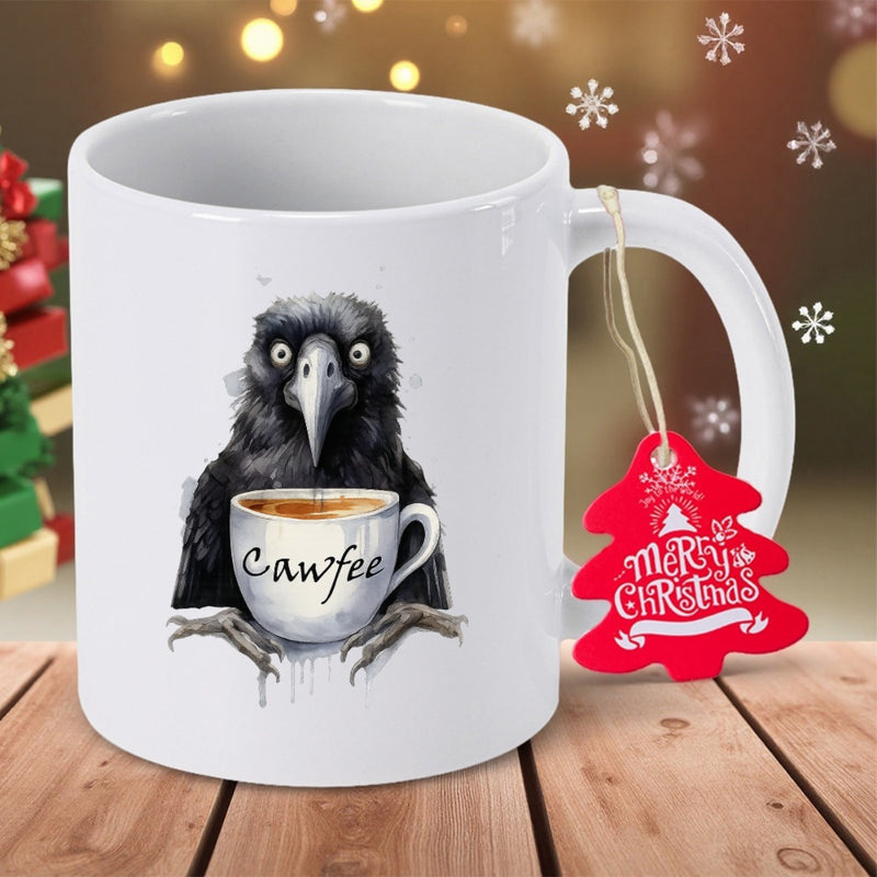 Tailorly White Ceramic 11 oz Mug - Cawfee Merry Christmas Black Crow Holding Small White Coffee Cup With Grumpy Expressions Crow