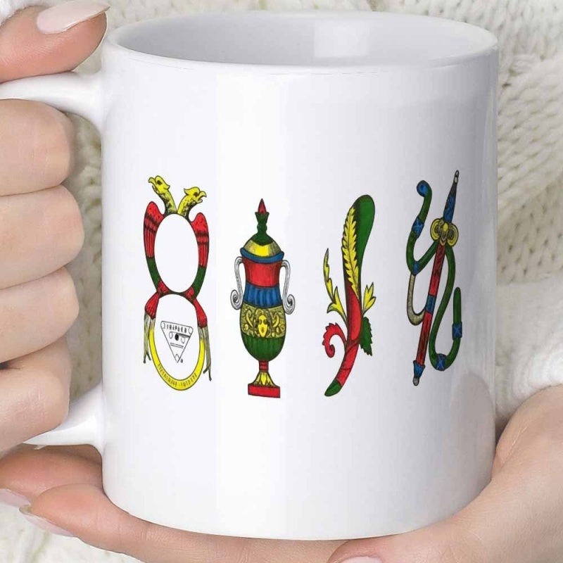 Tailorly White Ceramic 11 oz Mug - Traditional Italian Sicilian Playing Card Suit Designs With Vibrant Artistic Details Symbols