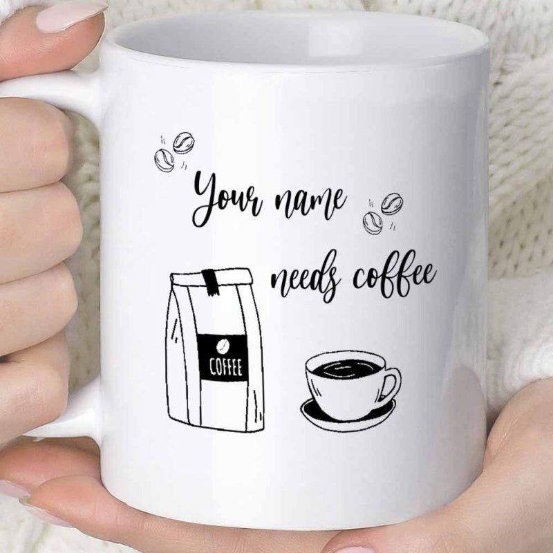 Tailorly White Ceramic 11 oz Mug - Your Name Needs Coffee Minimalist Coffee Bag With Steaming Cup And Scattered Beans Coffee