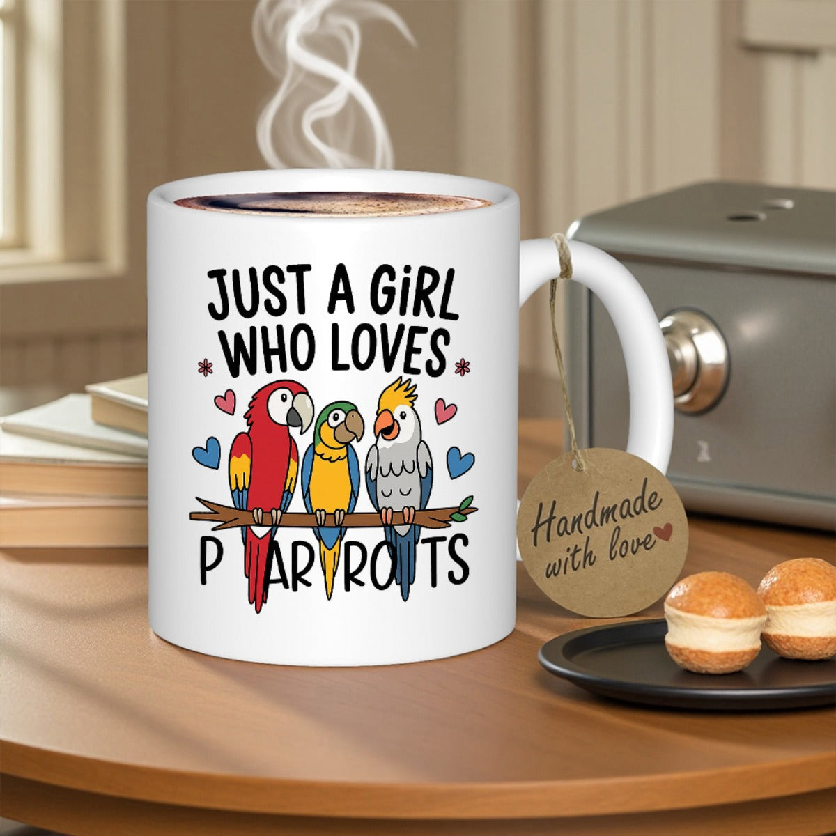 Tailorly White Ceramic 11 oz Mug - Just A Girl Who Loves Parrots Three Colorful Tropical Birds Perched Peacefully On A Branch Parrot