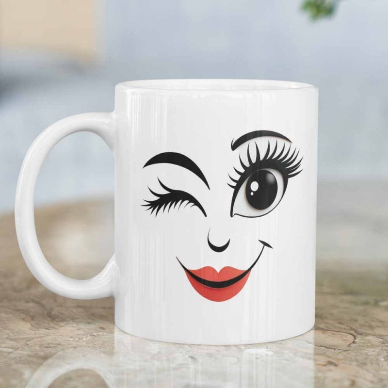 Tailorly White Ceramic 11 oz Mug - Playful Winking Face With Long Eyelashes And Red Smiling Lips Mug