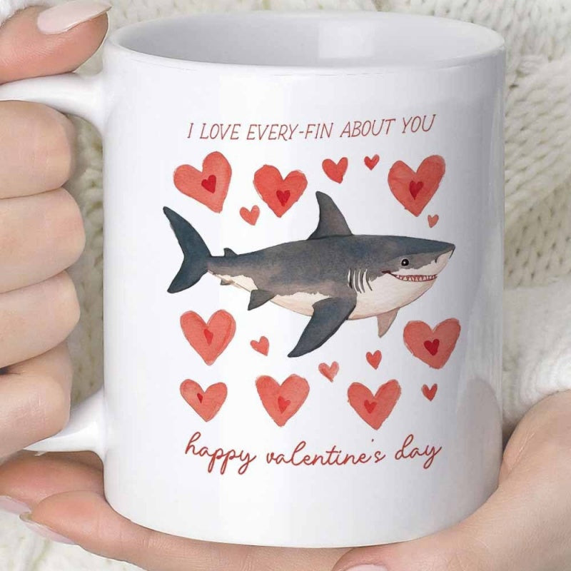 Tailorly White Ceramic 11 oz Mug - I Love Every Fin About You Happy Valentines Day Realistic Watercolor Style Predatory Ocean Animal Swimming Among Scattered