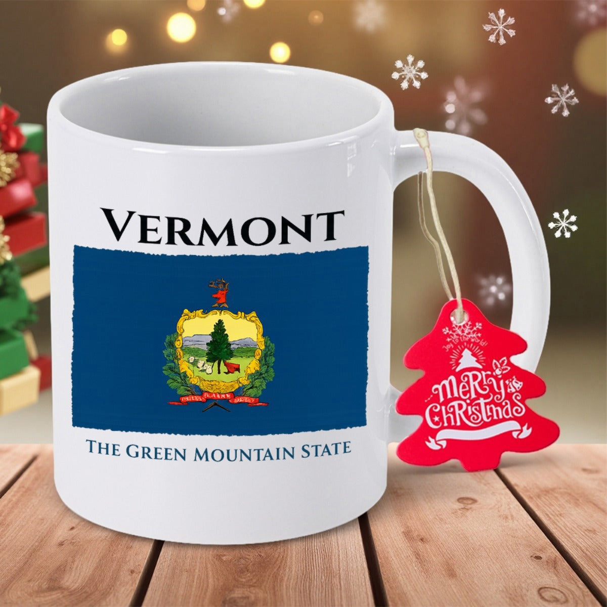 Tailorly White Ceramic 11 oz Mug - Vermont The Green Mountain State Traditional Coat Of Arms Featuring Pine Tree On Blue Flag
