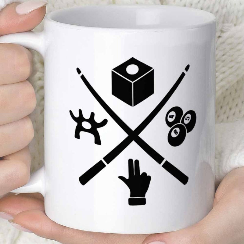 Tailorly White Ceramic 11 oz Mug - Crossing Cues Surrounded By Professional Sporting Equipment And Minimalist Icons Billiards