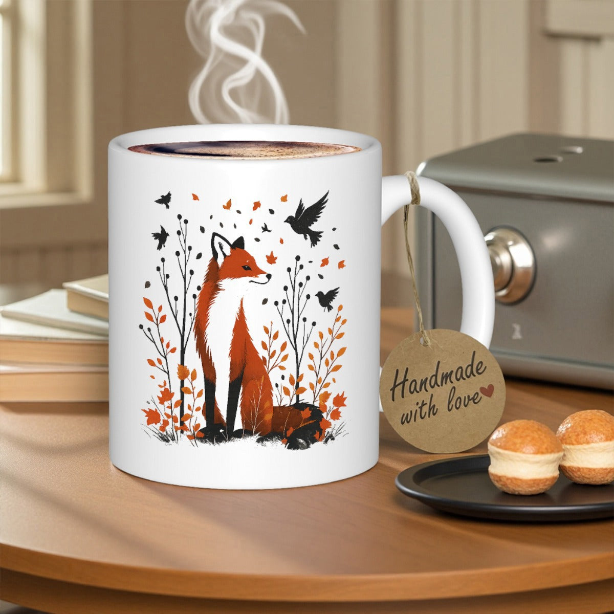 Tailorly White Ceramic 11 oz Mug - Autumnal Forest Scene With Flying Birds And Red Sitting Fox