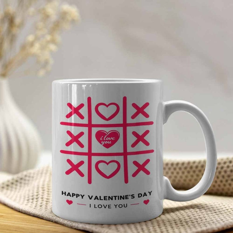 Tailorly White Ceramic 11 oz Mug - Happy Valentine's Day I Love You Romantic Red Grid Pattern Featuring Playful Hearts And Symbolic Minimalist Crosses Heart