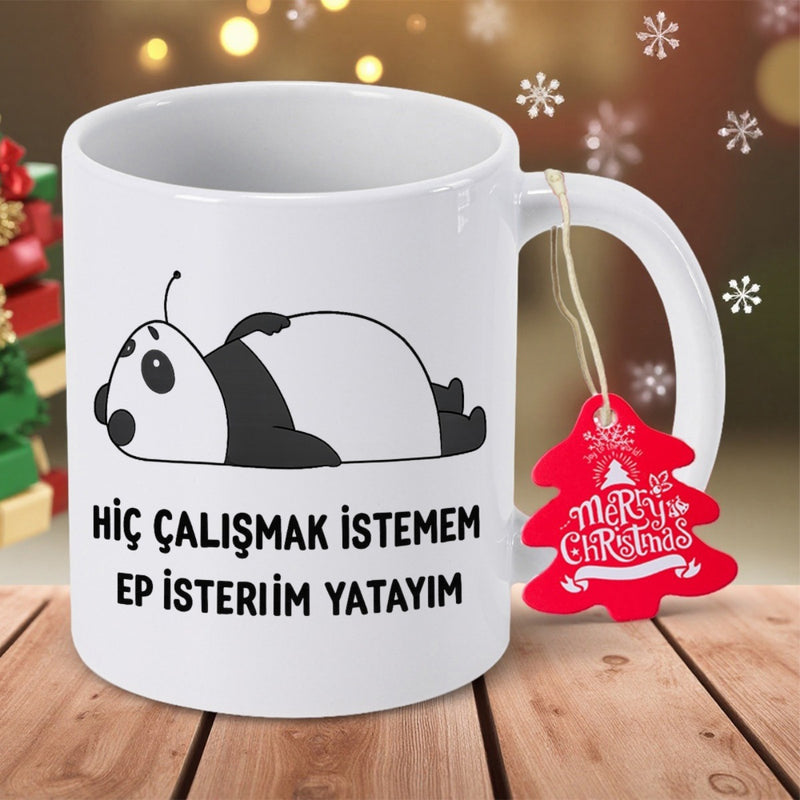 Tailorly White Ceramic 11 oz Mug - Merry Christmas Cute Lazy Cartoon Panda Resting On Its Back Under Soft Lights Panda