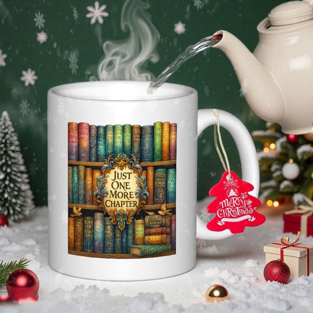 Tailorly White Ceramic 11 oz Mug - Just One More Chapter Vintage Library Bookshelf Filled With Colorful Antique Books Inside An Ornate Frame Bookshelf