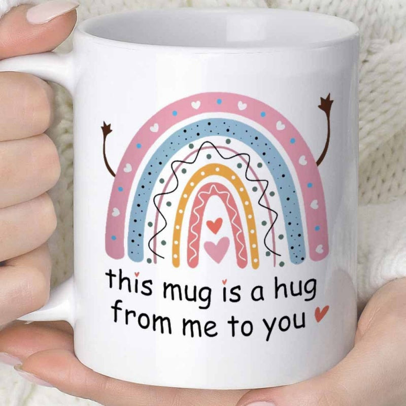 Tailorly White Ceramic 11 oz Mug - This Mug Is A Hug From Me To You Hand Drawn Bohemian Style Decorated With Hearts And Tiny Waving Arms Rainbow