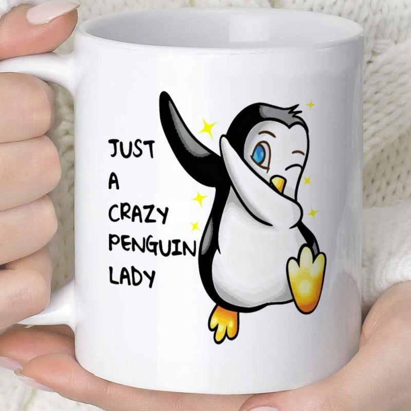 Tailorly White Ceramic 11 oz Mug - Just A Crazy Penguin Lady Adorable Cartoon Penguin Performing Dabbing Dance Move With Sparkling Yellow Stars Penguin