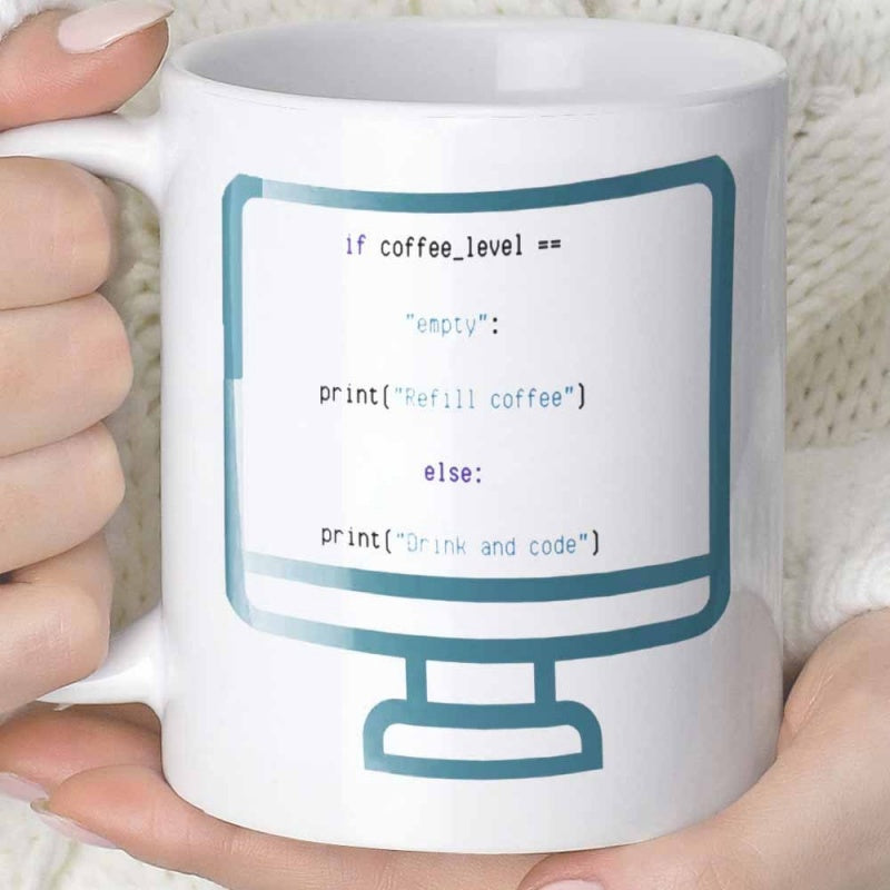 Tailorly White Ceramic 11 oz Mug - Refill Coffee Drink And Code Minimalist Computer Screen Outline Featuring A Logic Based Programming Script Monitor