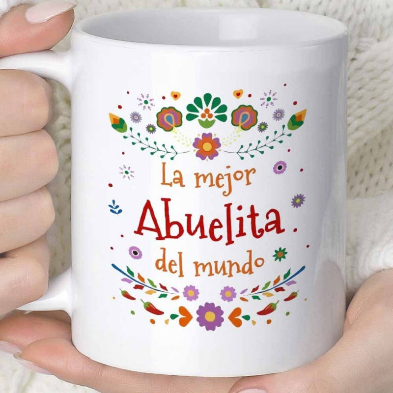 Tailorly White Ceramic 11 oz Mug - Colorful Folk Art Floral Design Featuring Symmetrical Blooming Garden Flowers
