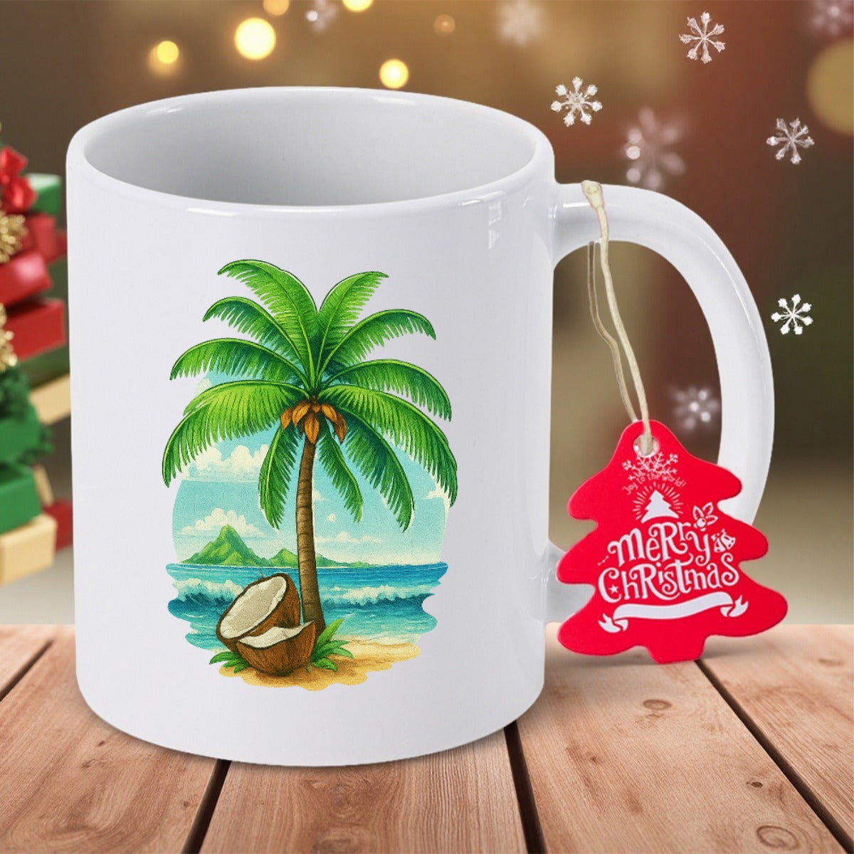 Tailorly White Ceramic 11 oz Mug - Merry Christmas Tropical Green Palm Growing Near Ocean Waves Beside A Cracked Coconut Tree