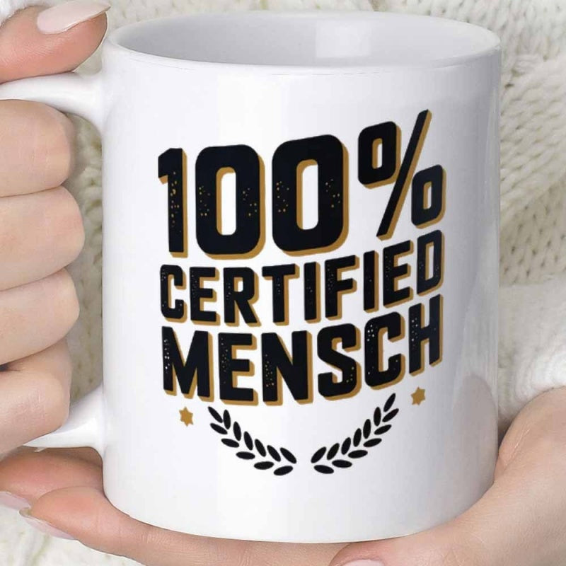 Tailorly White Ceramic 11 oz Mug - 100 Percent Certified Mensch Bold Block Lettering With Laurel Wreath And Stars Mug
