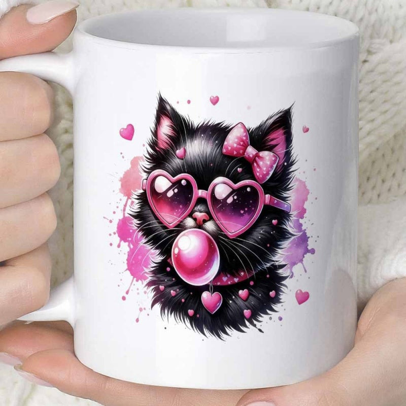 Tailorly White Ceramic 11 oz Mug - Adorable Fluffy Black Kitten Wearing Heart Shaped Glasses Blowing Pink Bubble Cat