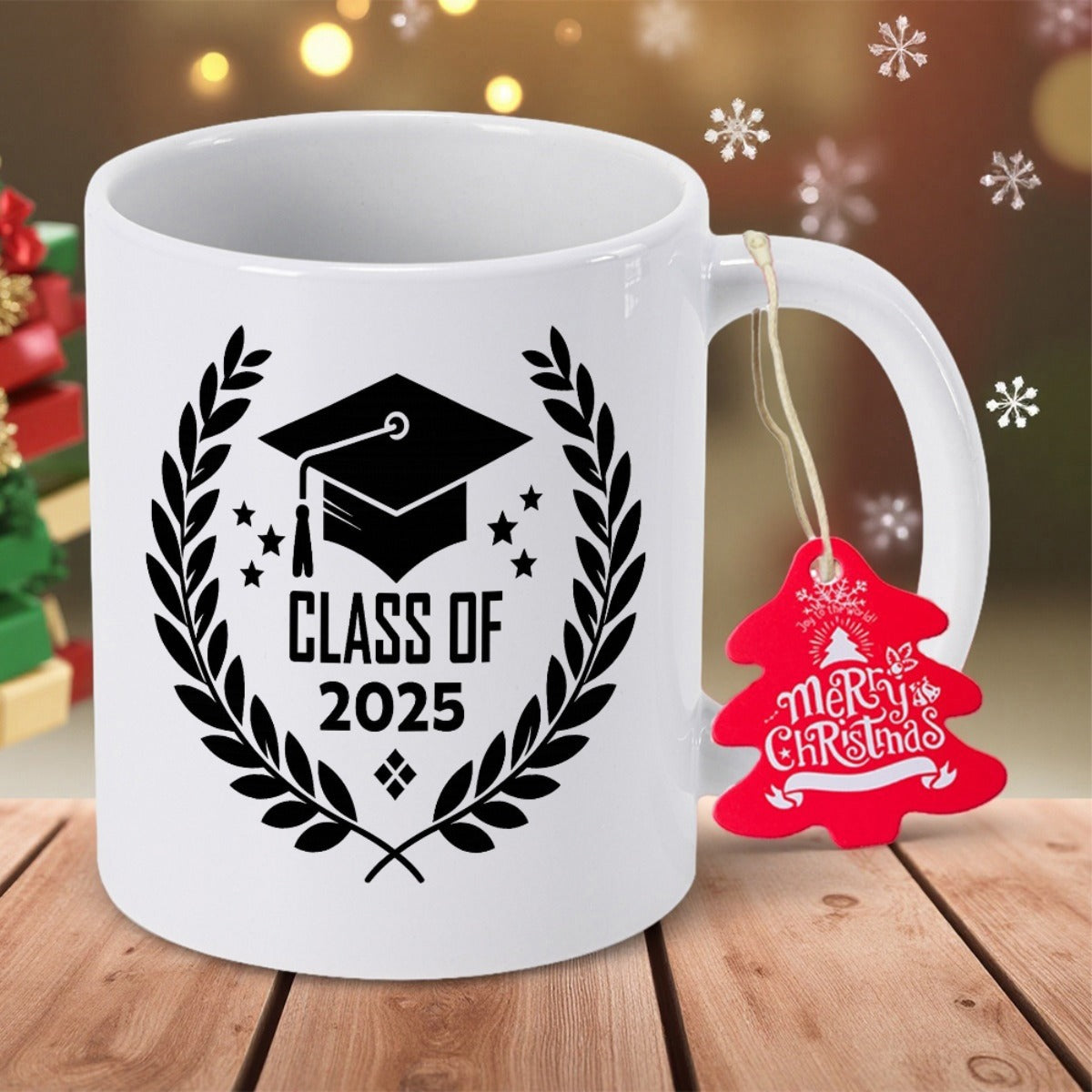 Tailorly White Ceramic 11 oz Mug - Class Of 2025 Merry Christmas Graduation Cap Surrounded By Laurel Wreath And Stars Mug