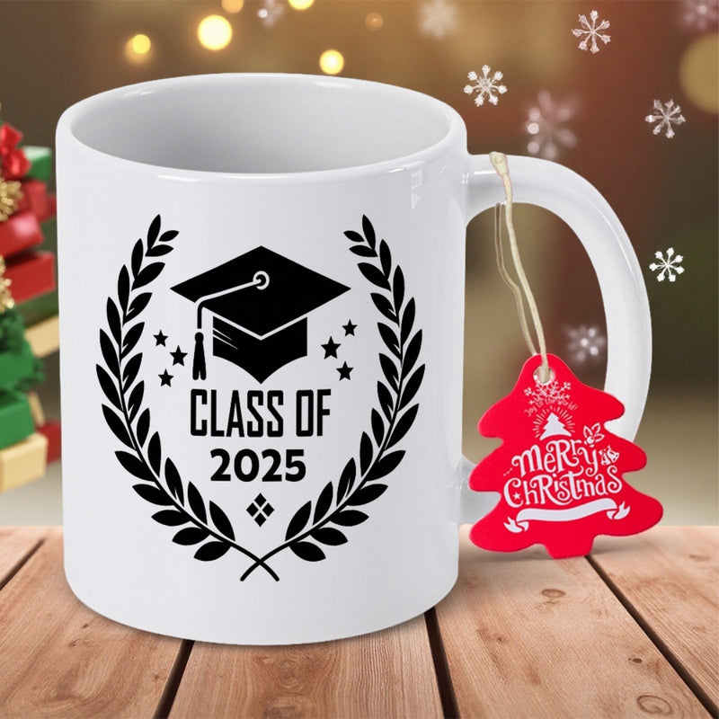Tailorly White Ceramic 11 oz Mug - Class Of 2025 Merry Christmas Graduation Cap Surrounded By Laurel Wreath And Stars Mug