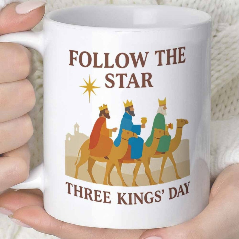 Tailorly White Ceramic 11 oz Mug - Follow The Star Three Kings Day Three Wise Magi Riding Camels Journeying Across Desert Under Bright Star Magi