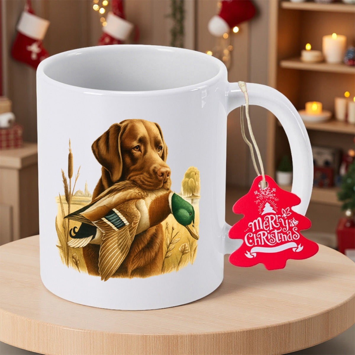 Tailorly White Ceramic 11 oz Mug - Merry Christmas Faithful Hunting Labrador Holding A Mallard Duck Among Golden Autumn Reeds Dog