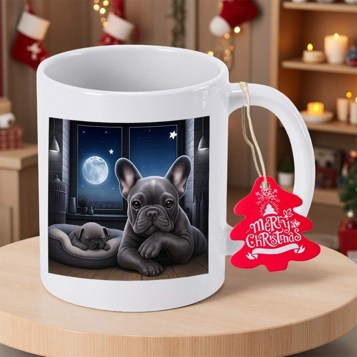 Tailorly White Ceramic 11 oz Mug - Merry Christmas Adorable Sitting Under Glowing Moonlight By The Starry Night Window Frenchie
