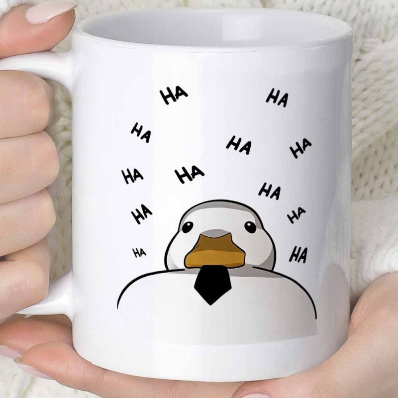 Tailorly White Ceramic 11 oz Mug - Ha Ha Funny Cartoon Duck Wearing A Black Necktie With Scattered Laughter Text Duck