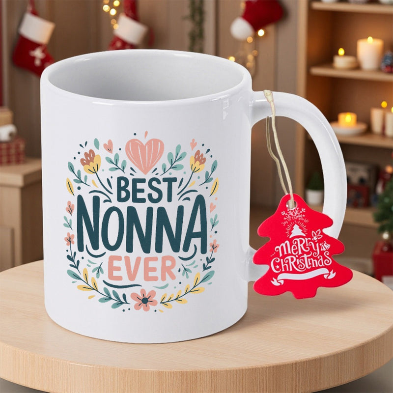 Tailorly White Ceramic 11 oz Mug - Best Nonna Ever Elegant Floral Wreath With Pink Heart And Green Leaves Mug