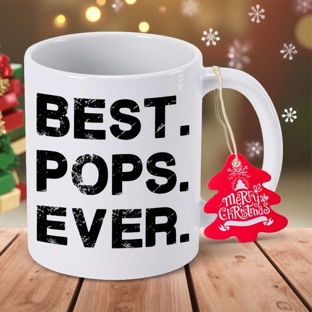 Tailorly White Ceramic 11 oz Mug - Best Pops Ever Merry Christmas Sleek White Ceramic Coffee Cup Standing On Rustic Wooden Table Mug