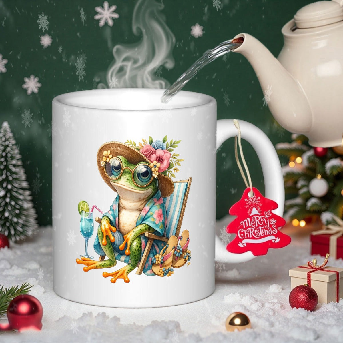Tailorly White Ceramic 11 oz Mug - Merry Christmas Relaxing In Floral Robe On Beach Chair With Tropical Drink Frog