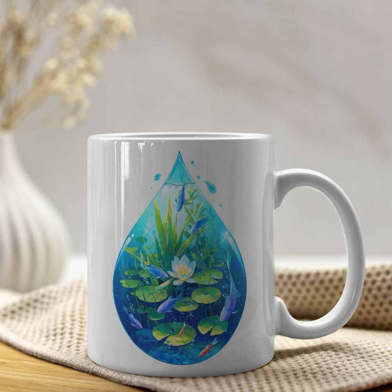 Tailorly White Ceramic 11 oz Mug - Artistic Blue Water Droplet Containing Aquatic Life And A Blooming White Lotus