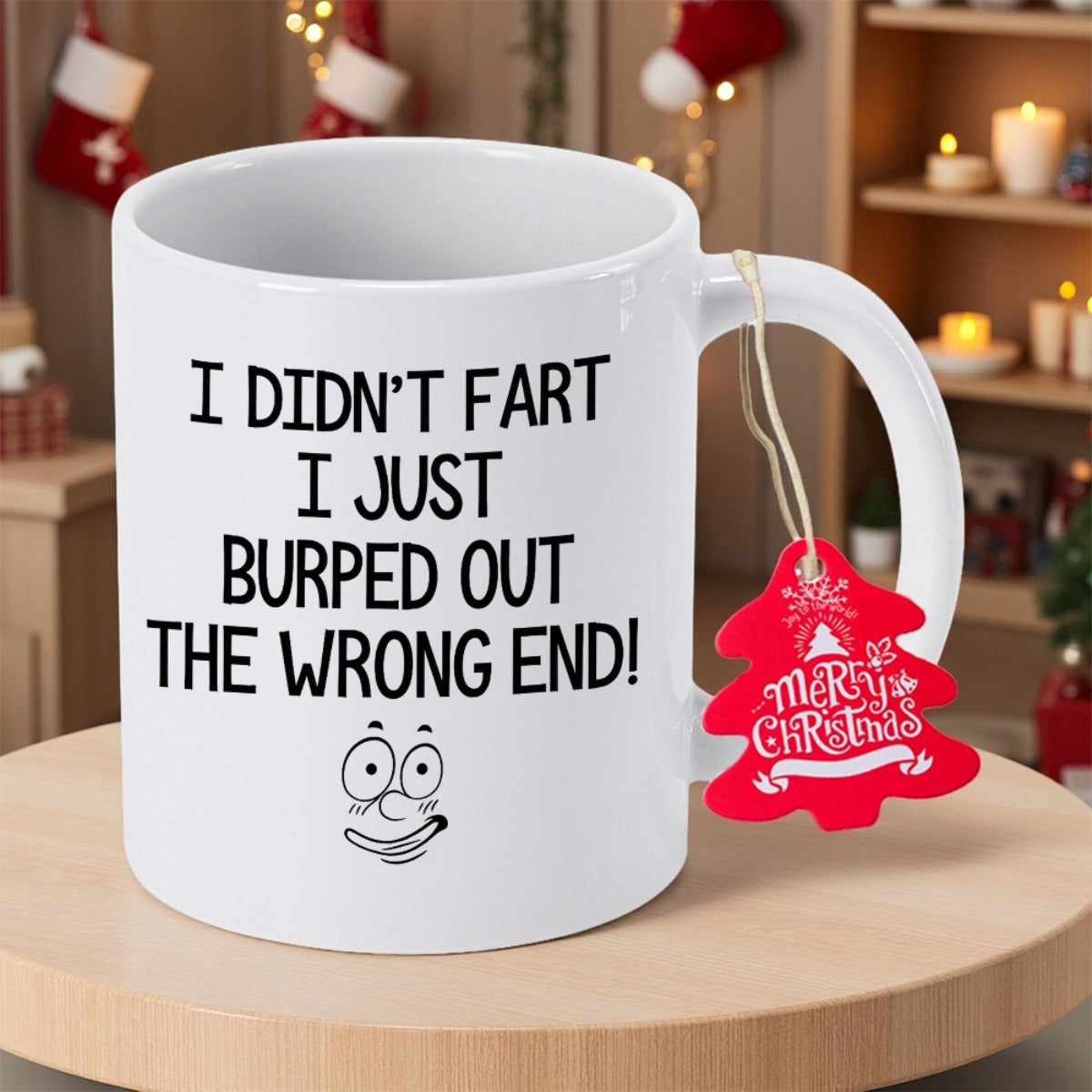 Tailorly White Ceramic 11 oz Mug - I Didn't Fart I Just Burped Out The Wrong End Minimalist Black Line Art Funny Expression With Blushing Cheeks And Eyes Cartoon