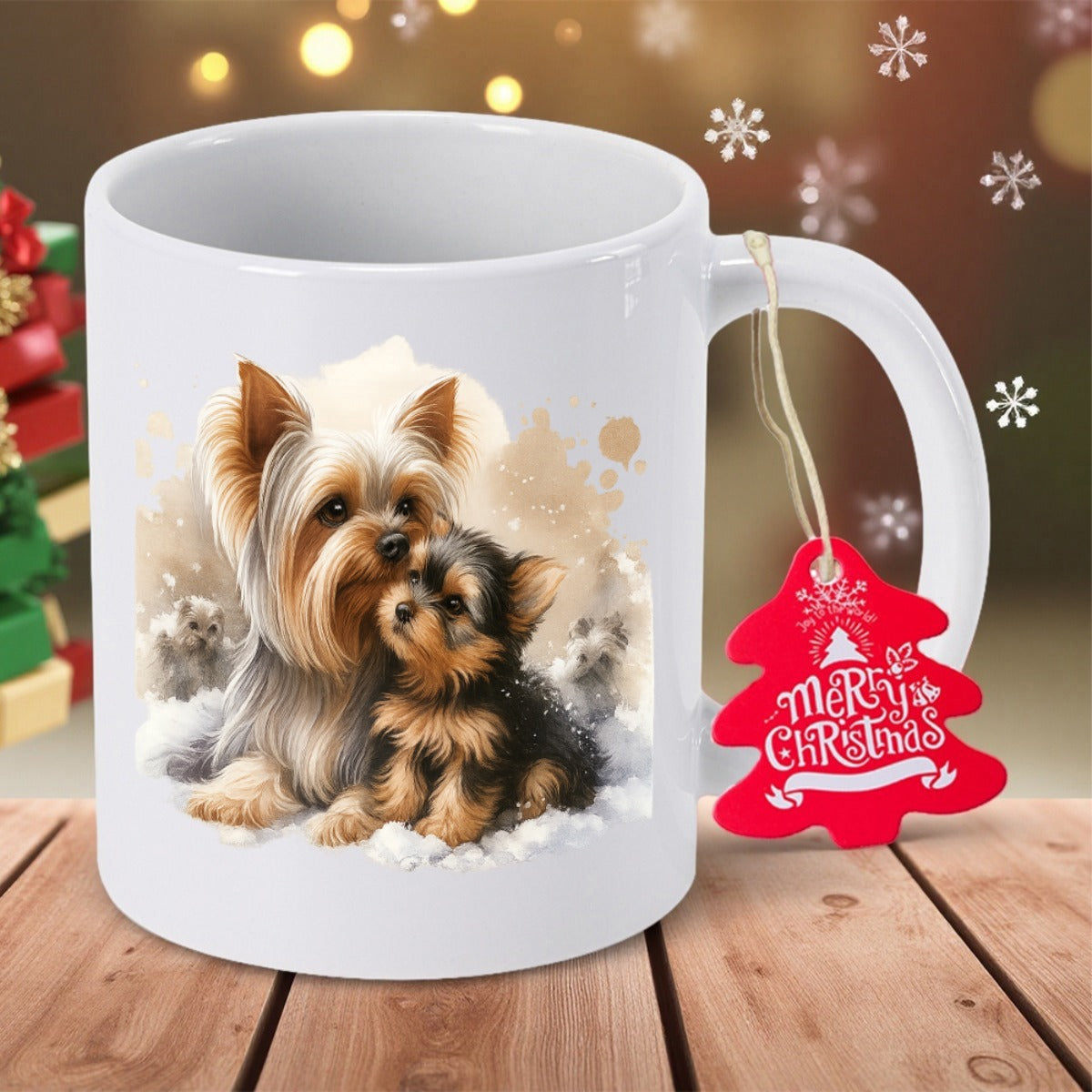 Tailorly White Ceramic 11 oz Mug - Merry Christmas Cute Yorkshire Terriers Sitting Together In A Soft Snowy Winter Landscape Yorkie