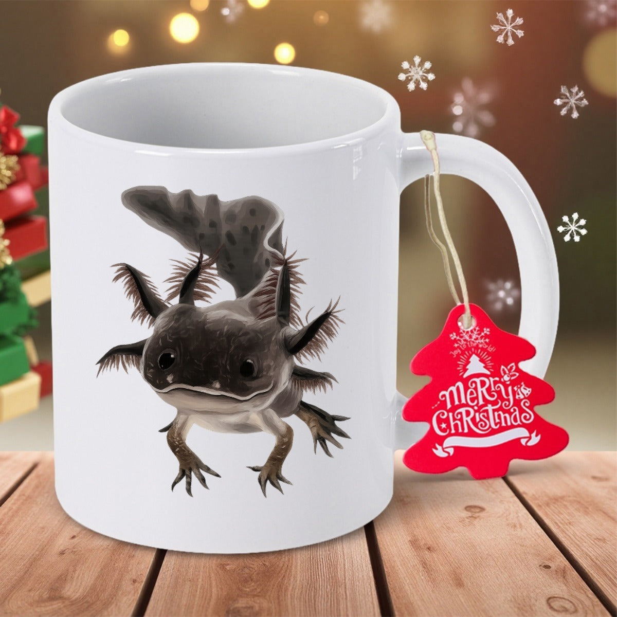 Tailorly White Ceramic 11 oz Mug - Merry Christmas Adorable Little Dark Axolotl Creature Sitting In Festive Holiday Setting Axolotl