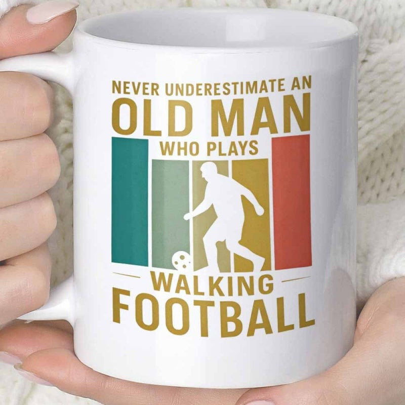 Tailorly White Ceramic 11 oz Mug - Never Underestimate An Old Man Who Plays Walking Football Vintage Style Colored Bars Background With Silhouette Man Playing